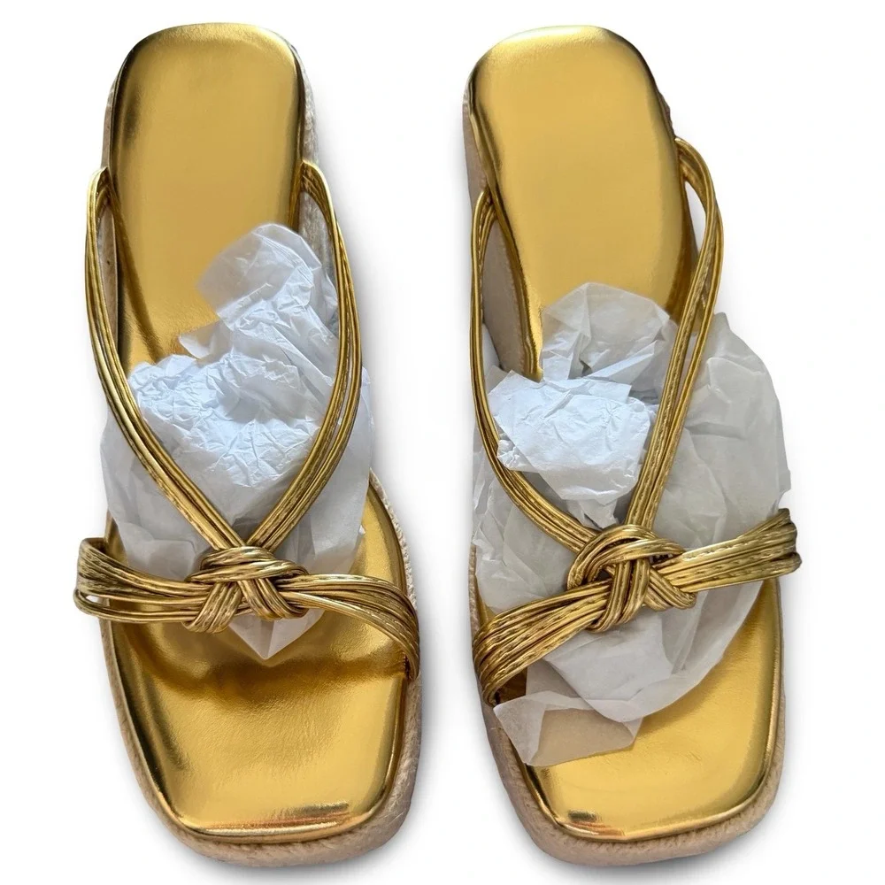 Gold Metallic Wedge Espadrille Platform Sandals Knotted Straps Square Toe Sz 6